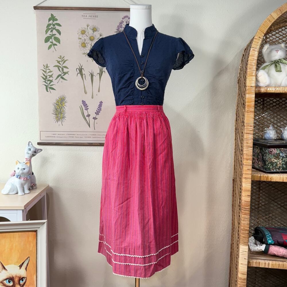 Vintage 70s Polka Dot Striped Midi Skirt Americana Prairie Cottage Coquette S